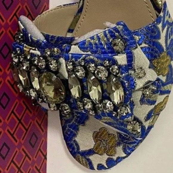 NWB NWT $373 Tory Burch Metallic Floral Valentina 45 MM Bow Barricade Sandals 7 - Picture 6 of 9